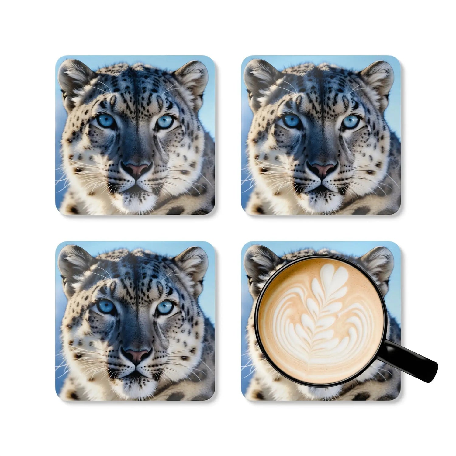 Four coasters with Snow Leopard faces and latte art in the Coasters collection