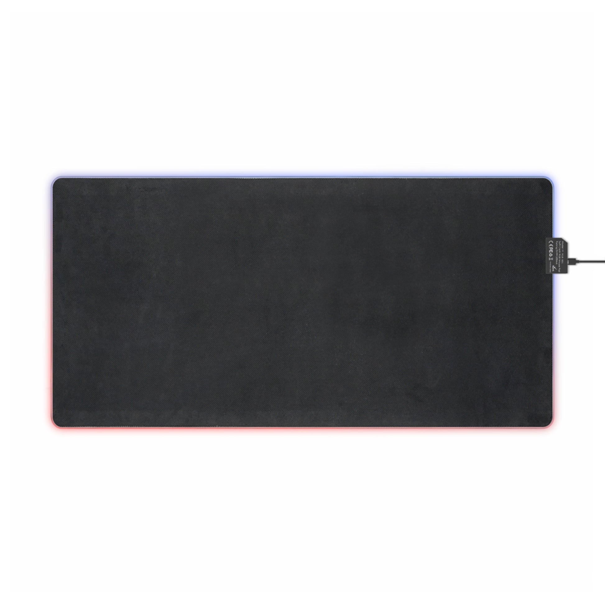 Rectangular black gaming mouse pad with purple LED border and right-side USB port.
