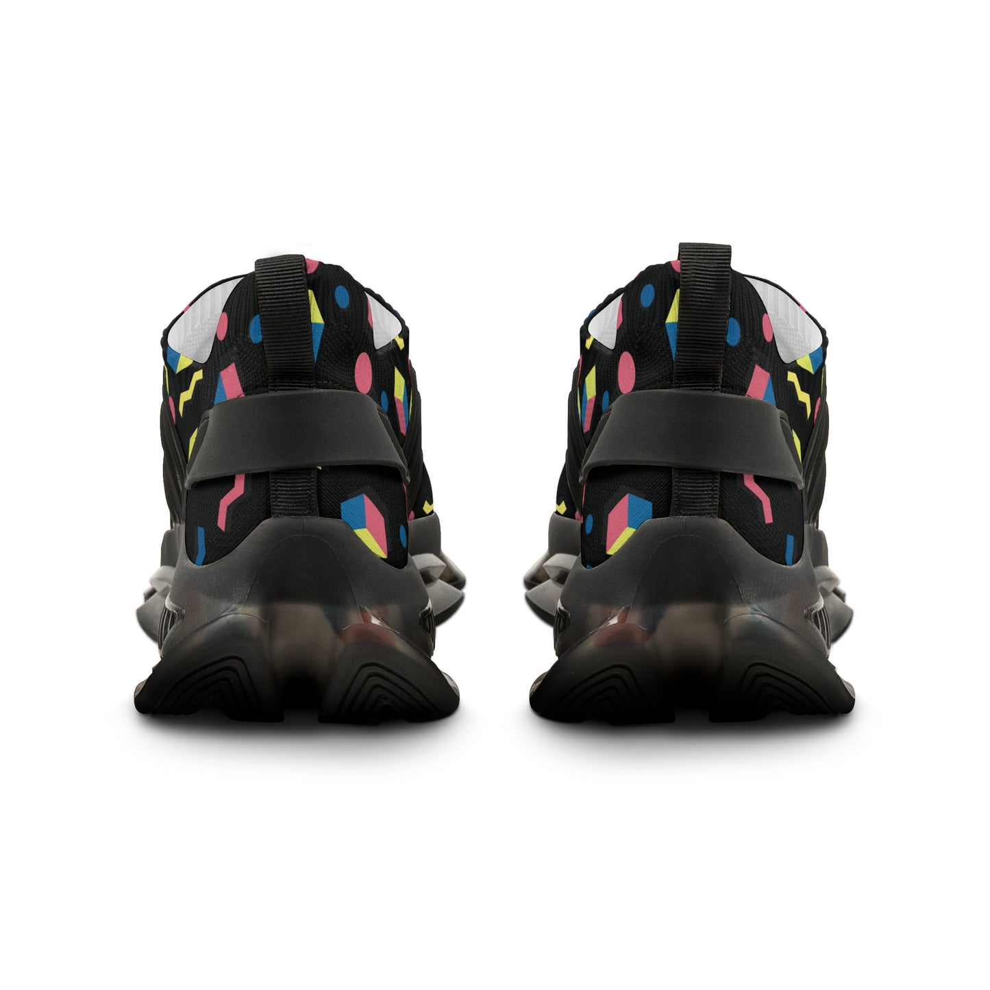 Men's retro geometric mesh sneakers, multicolor pattern, black heel and sole