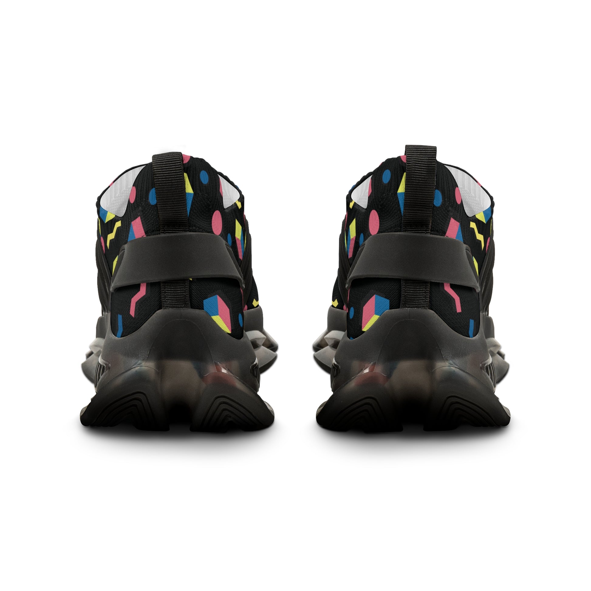 Men's retro geometric mesh sneakers, multicolor pattern, black heel and sole