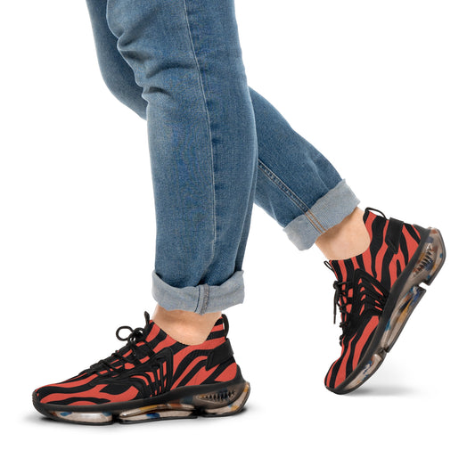 Red and black zebra mesh sneakers with black laces and chunky translucent sole