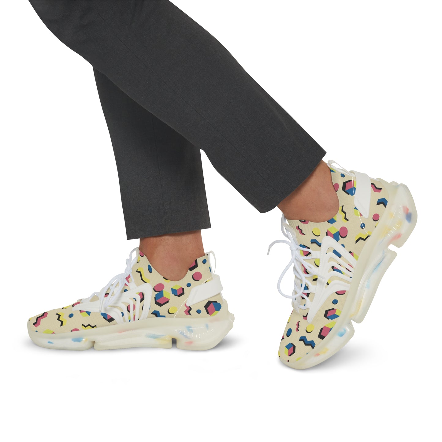 Men's retro geometric mesh sneakers, off-white with multicolor pattern and white laces