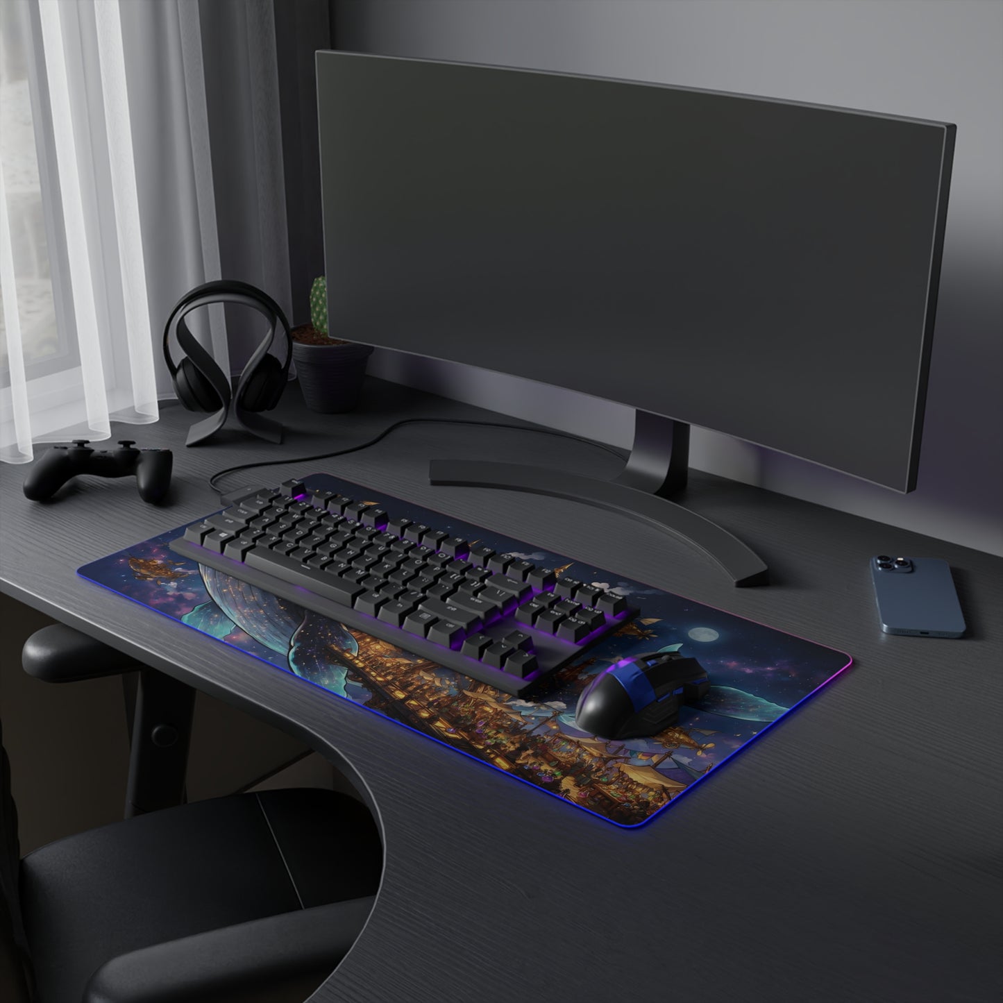 LED Gaming Mouse Pad - Fantasy Whale City RGB Desk Mat for Gamers