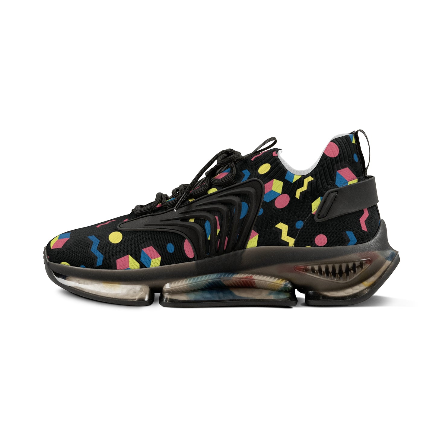 Men's geometric mesh sneakers with multicolor pattern, black strap, black sole