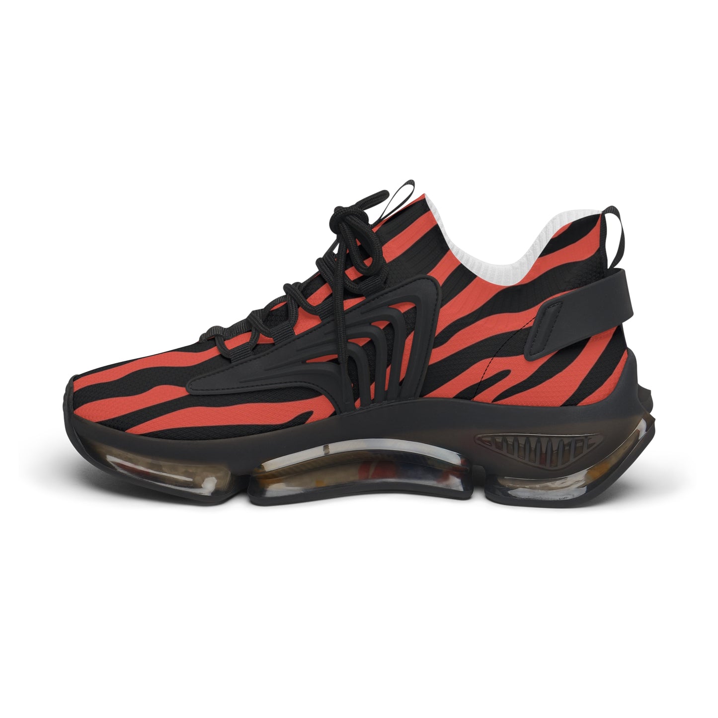 Women's red-and-black zebra mesh sneakers, 3/4 view with chunky transparent sole