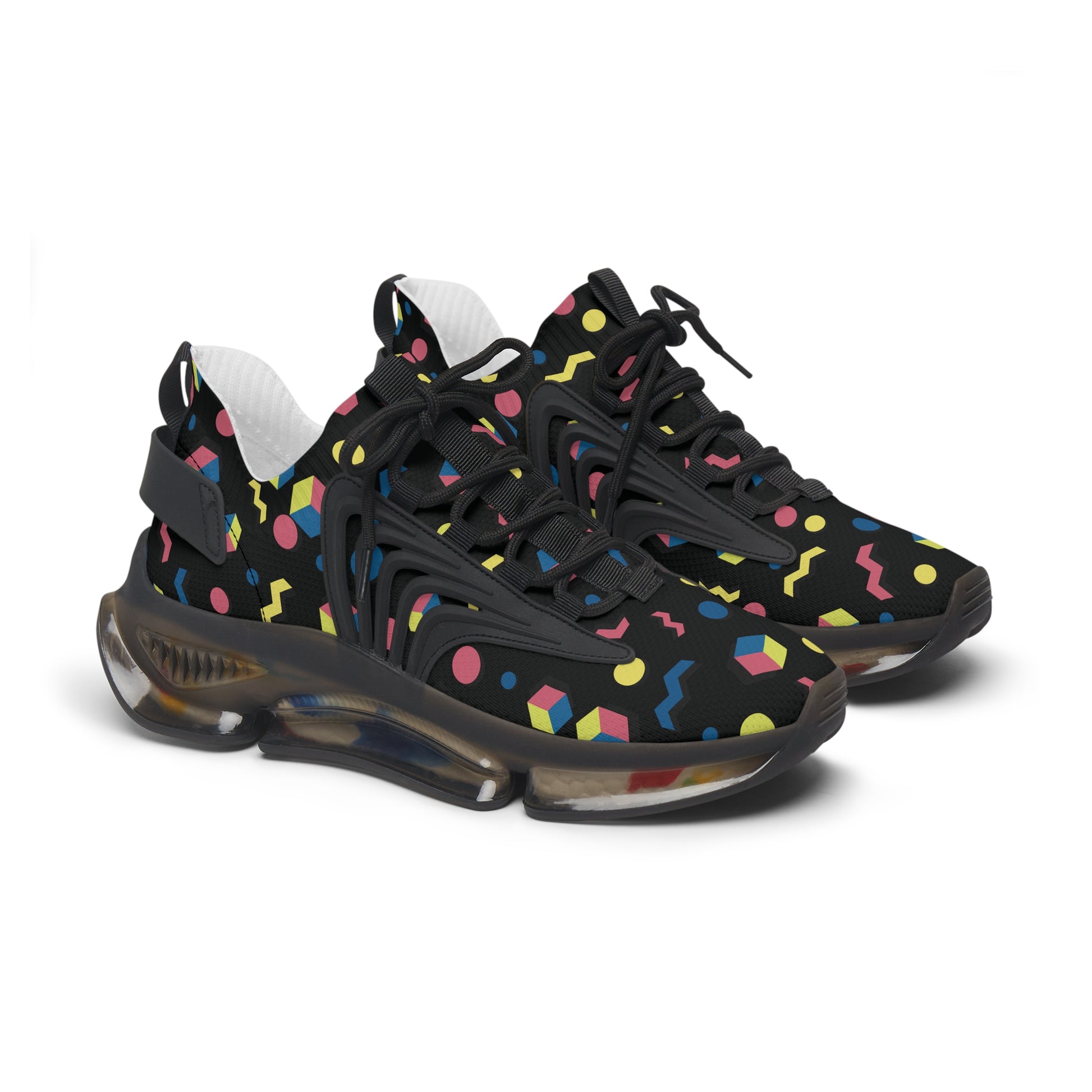 Women's black mesh sneakers with multicolor geometric print, lace-up sporty style