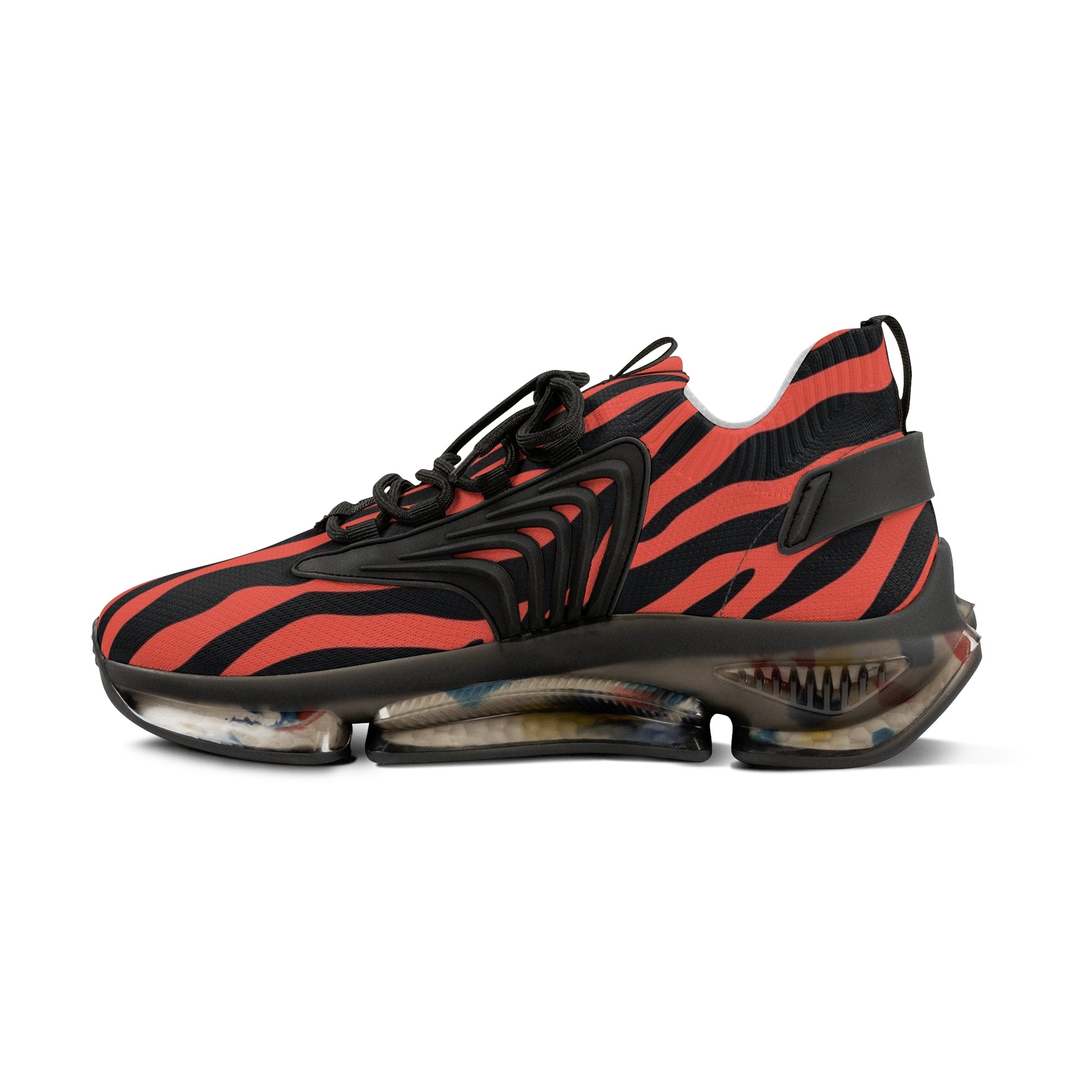 Red and black zebra athletic sneakers in three-quarter view with black lace-up top