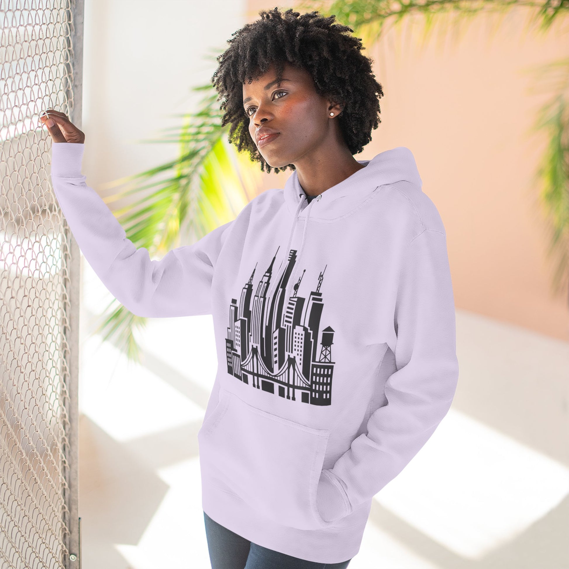 Lilac pullover hoodie with black skyline bridge graphic and front kangaroo pocket