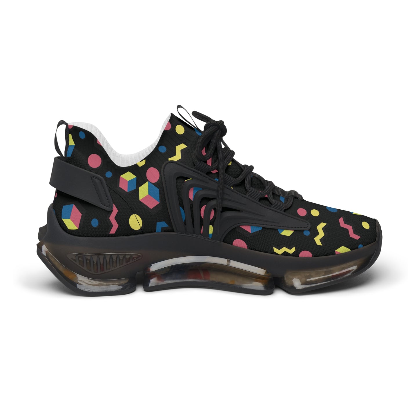 Women's black mesh sneakers with colorful geometric print, side view and thick sole