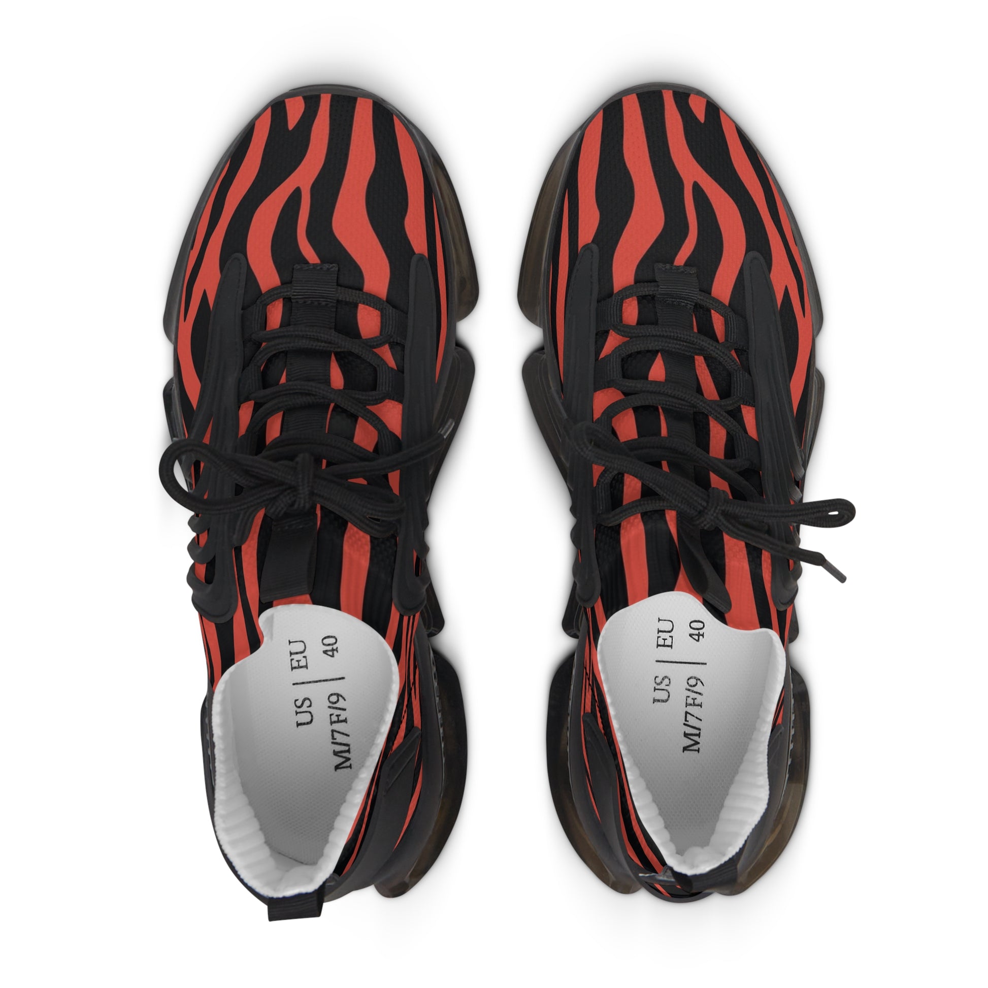 Red-and-black zebra mesh sneakers with black laces and white size label inside