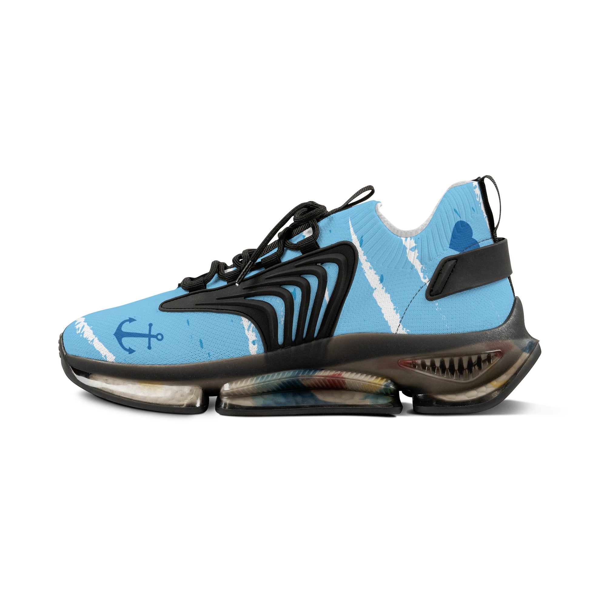 Men's light blue mesh sneakers with black laces and ankle pull tab, black sole