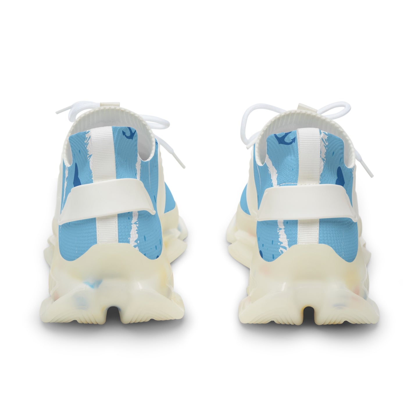 Men's light blue mesh sneakers viewed from heel; white laces and thick sole.