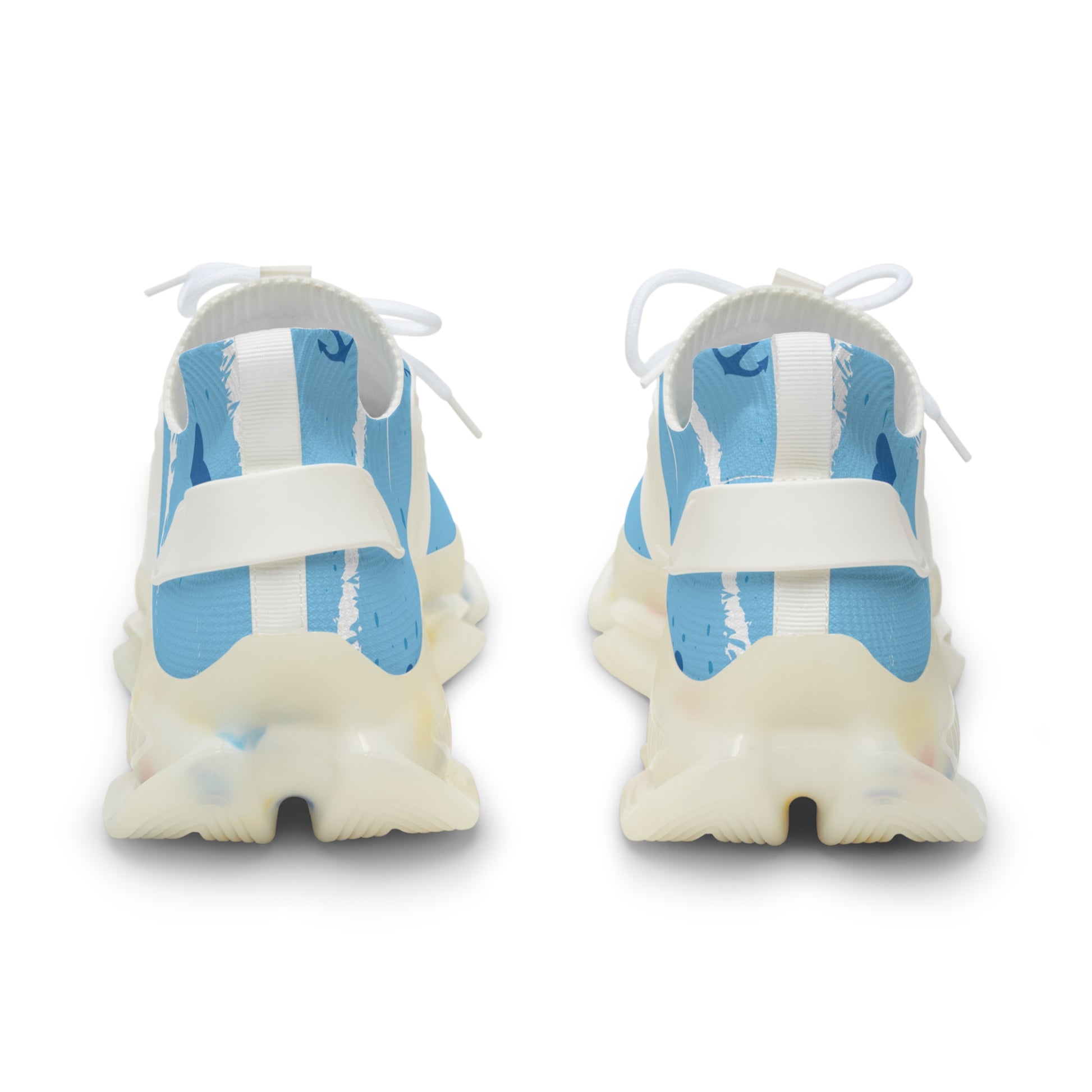 Men's light blue mesh sneakers viewed from heel; white laces and thick sole.