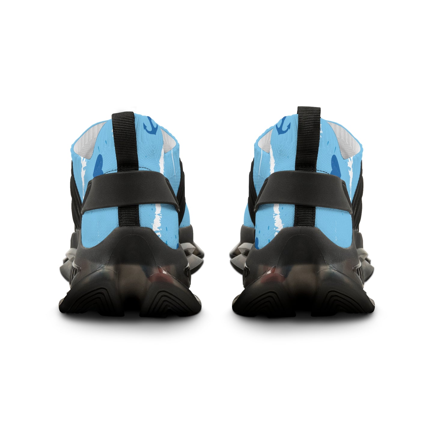 Men's light blue mesh sneakers with black heel strap, cushioned tread, black sole