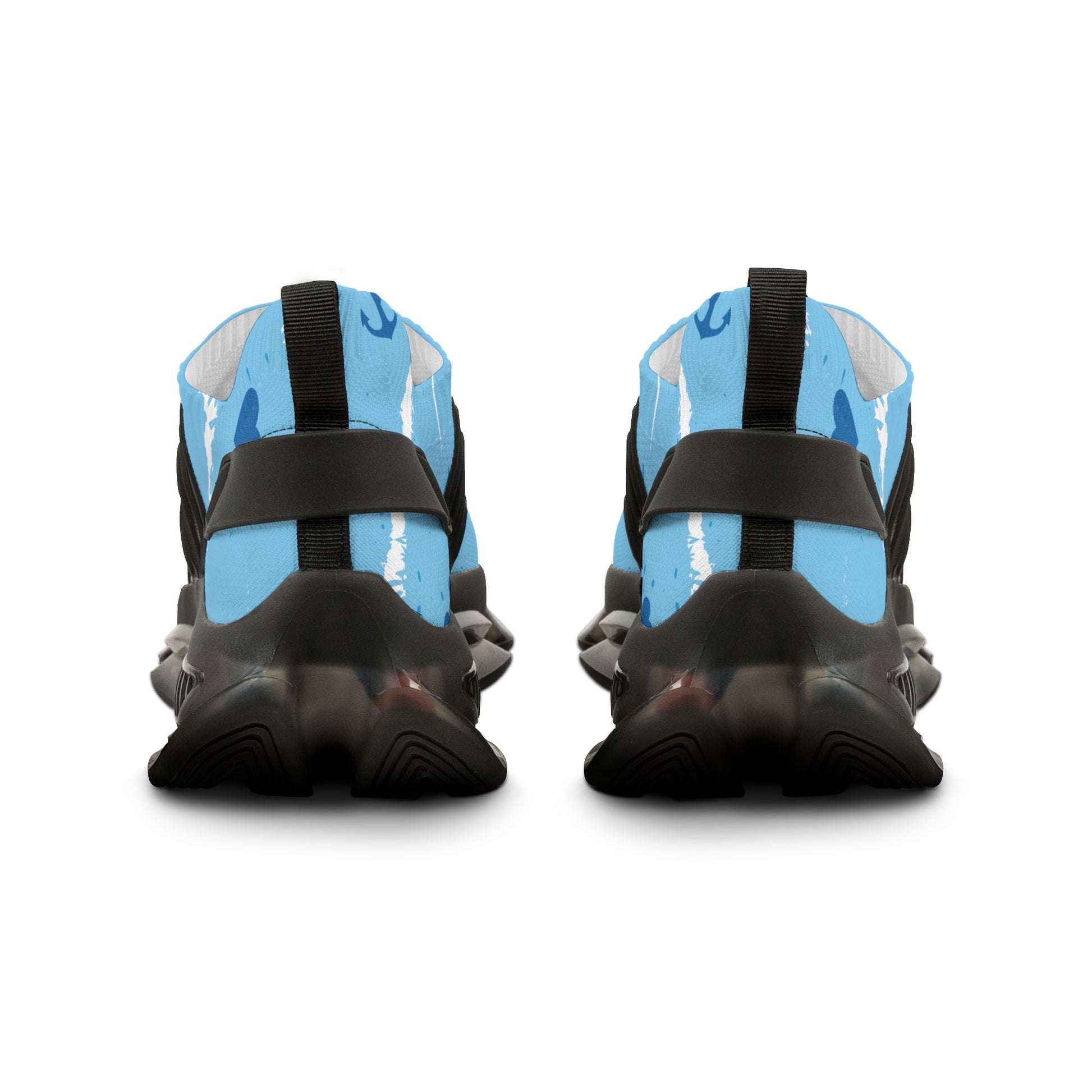 Men's light blue mesh sneakers with black heel strap, cushioned tread, black sole