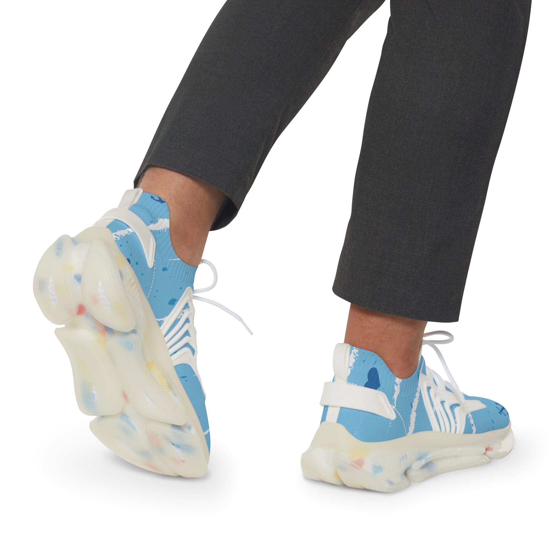 Men's light blue mesh sneakers worn with dark pants; white laces and chunky sole.