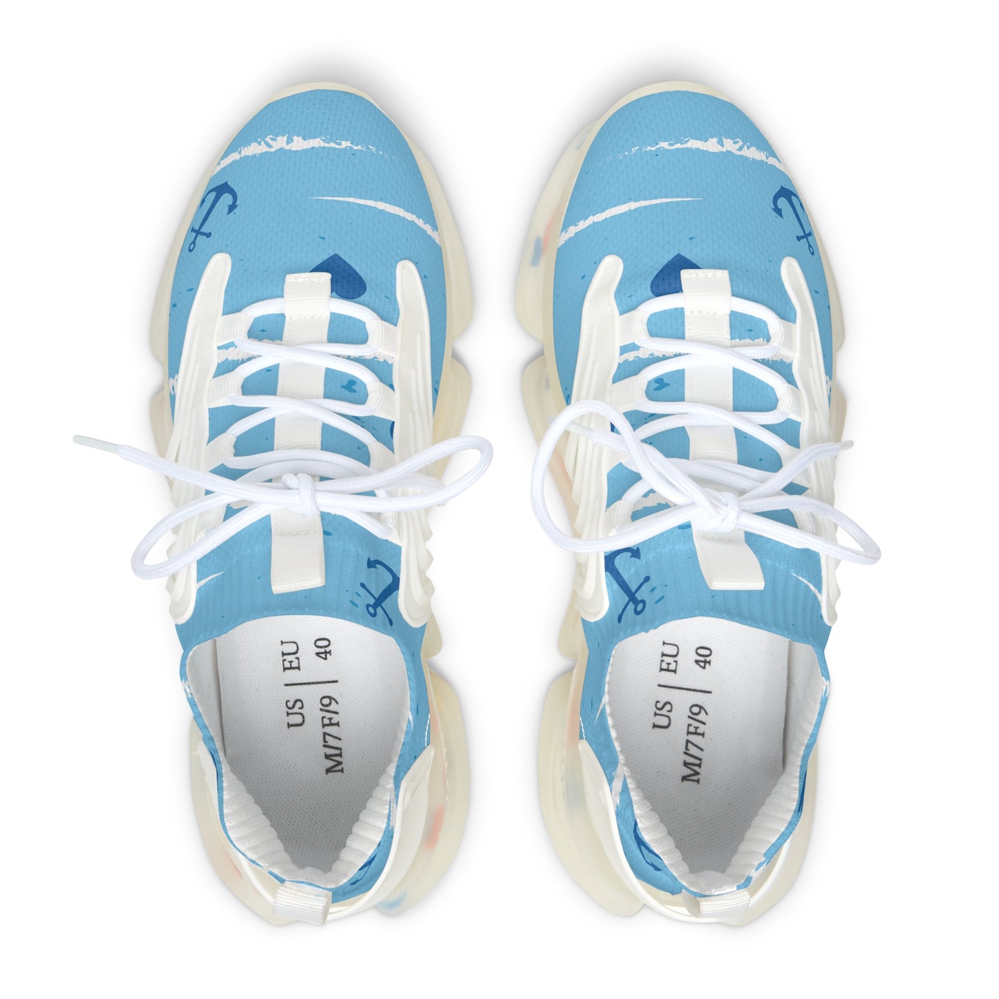 Light blue mesh sneakers with white laces, anchor-style details on top