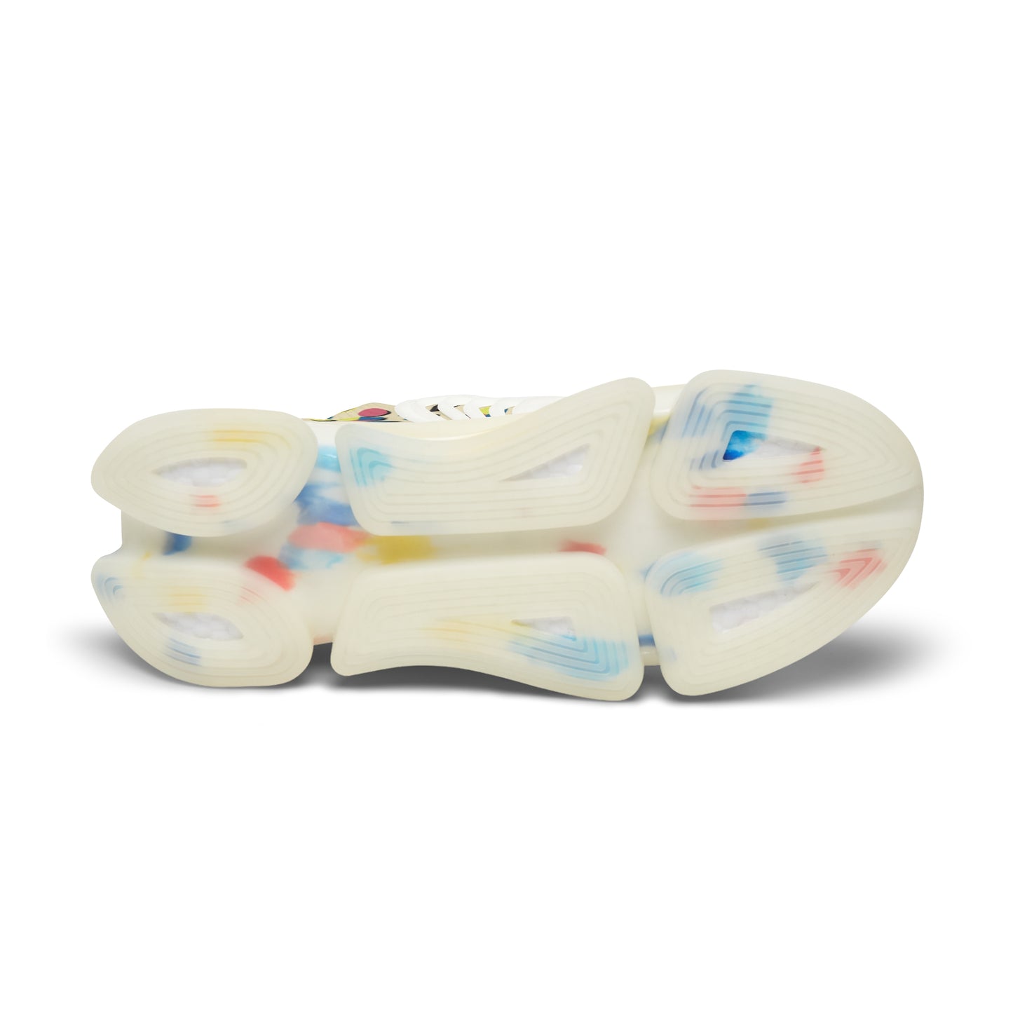 Outsole view of geometric mesh sneakers with cushioned white sole and blue pattern details