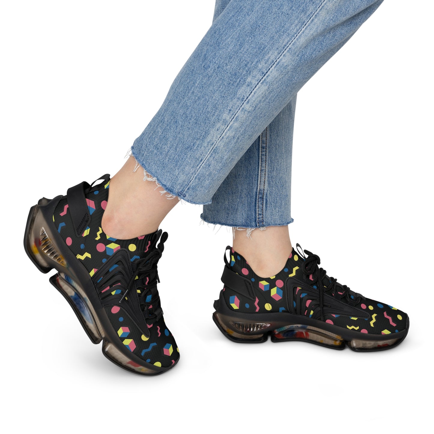 Women's black mesh sneakers with colorful geometric pattern, lace-up cushioned sole