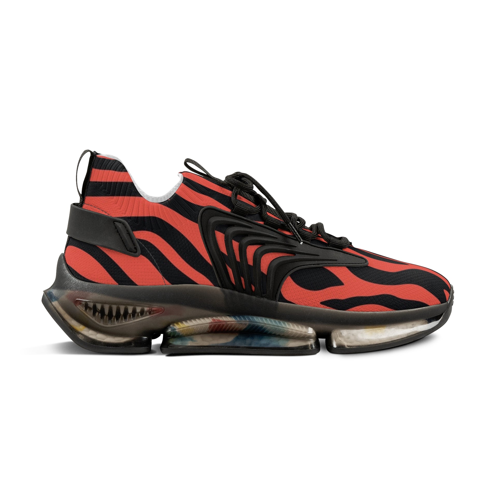 Red and black zebra print sneakers, front side view with thick treaded sole