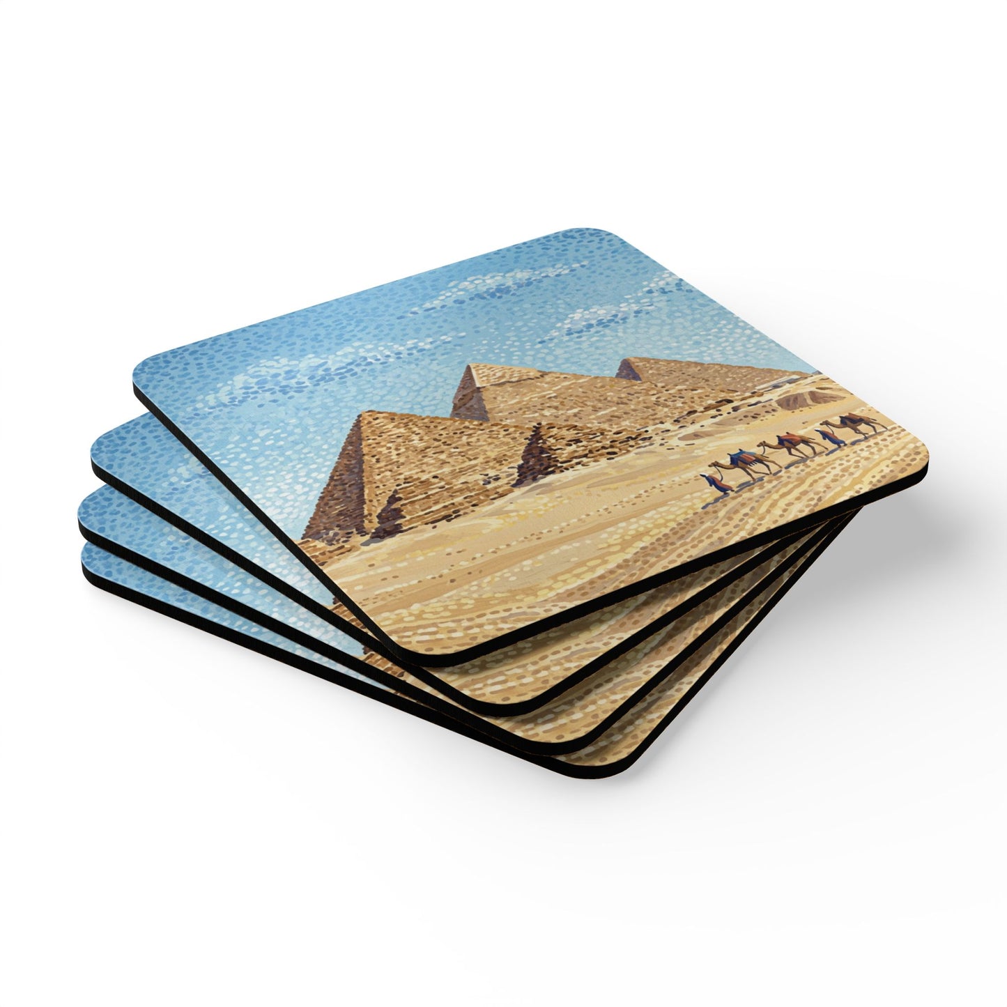 Stack of square cork drink coasters with Egyptian pyramids and caravan print, blue and tan