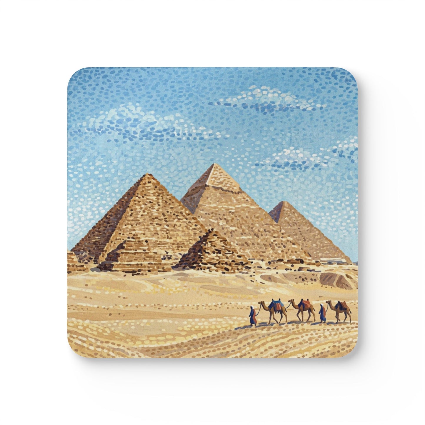 Square cork drink coaster with Egyptian pyramids illustration, blue sky and tan desert background
