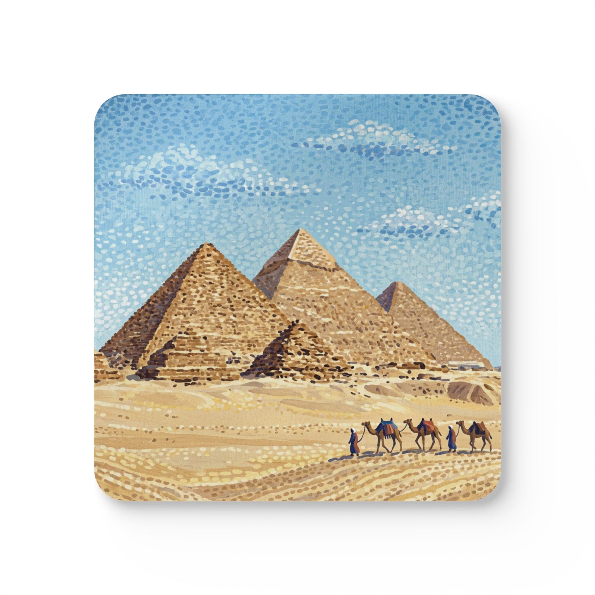 Square cork drink coaster with Egyptian pyramids illustration, blue sky and tan desert background