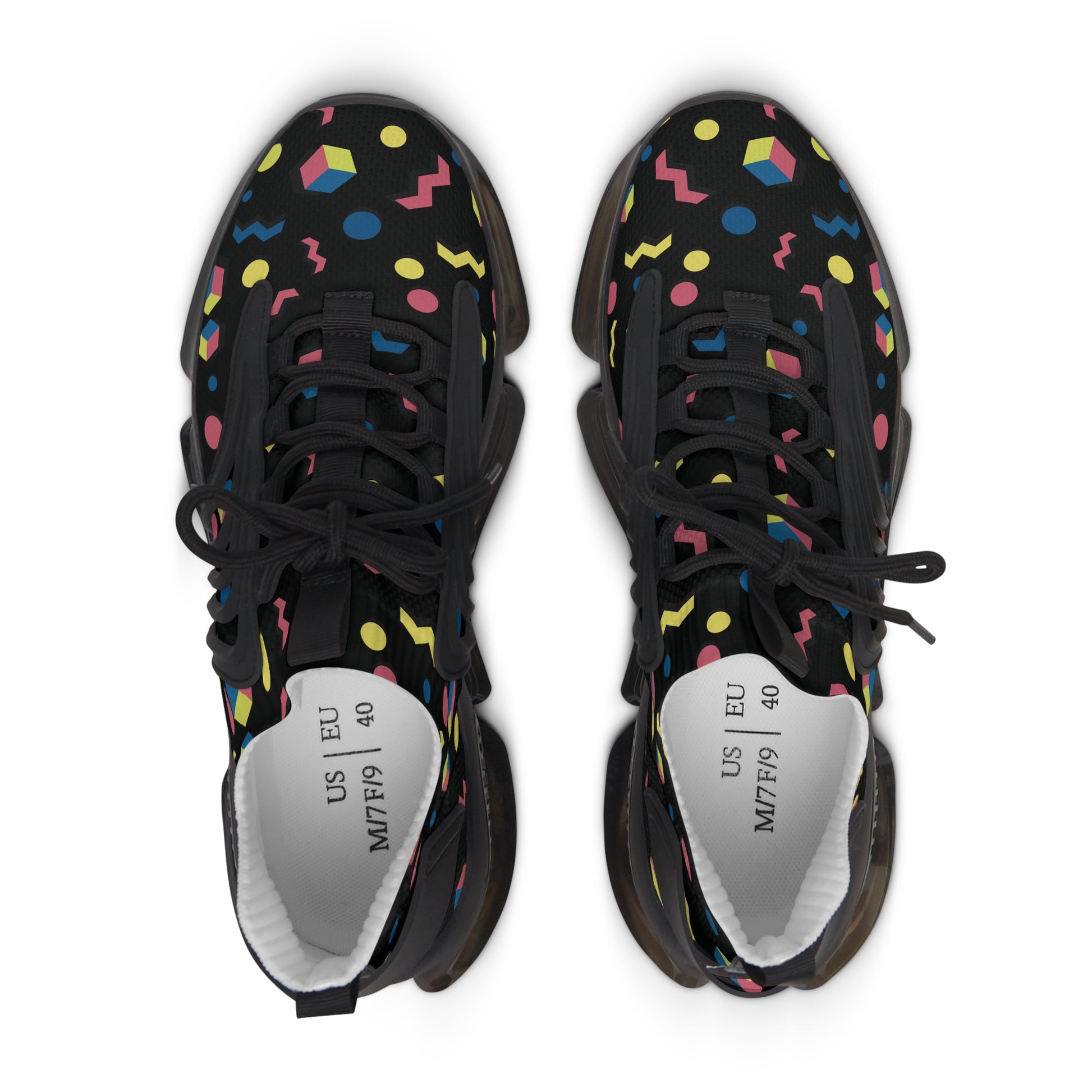 Women's black geometric mesh sneakers, front view with lace-up and white lining