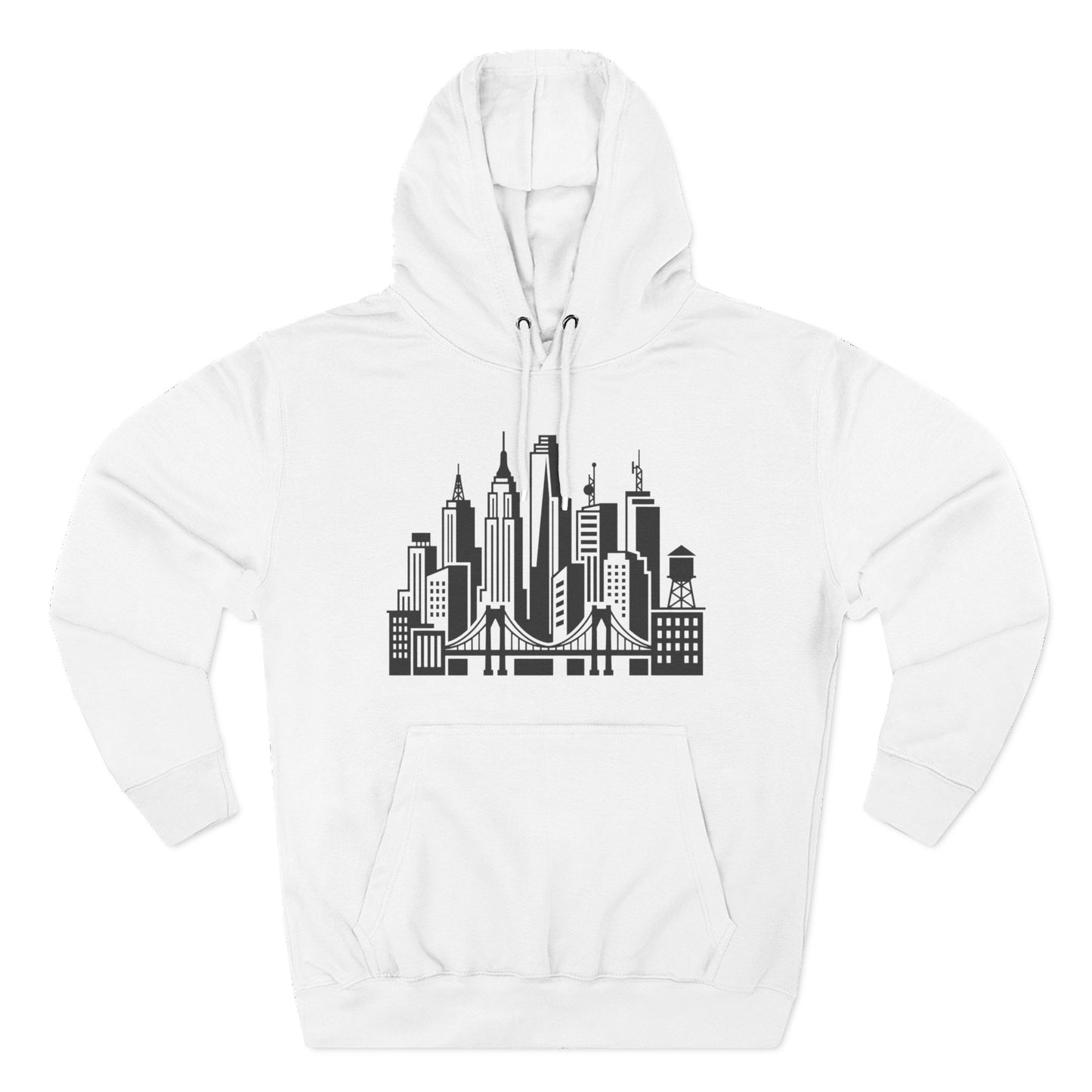 White unisex pullover hoodie with city skyline and bridge graphic on back