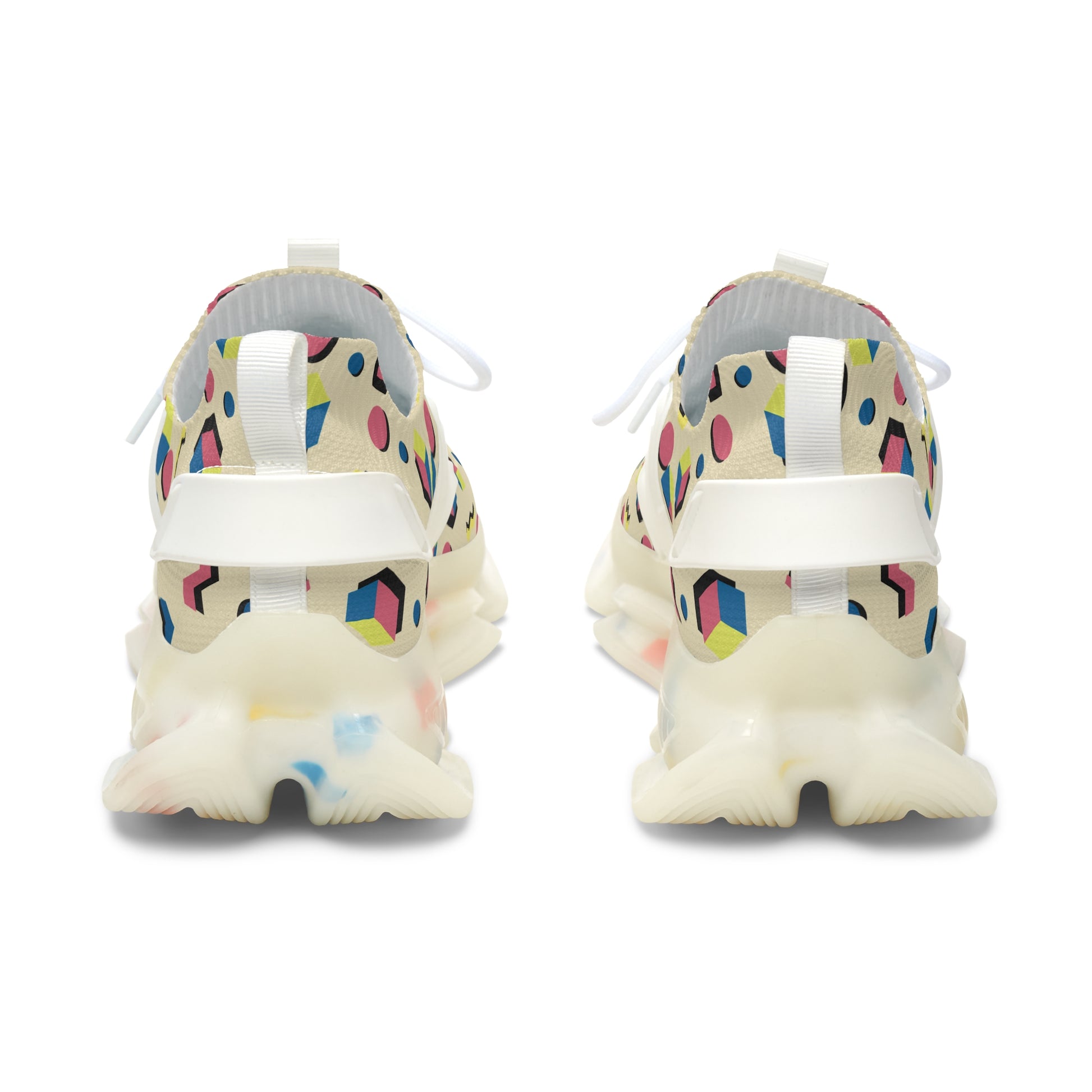 Geometric mesh sneakers with white laces and chunky heel, rear view