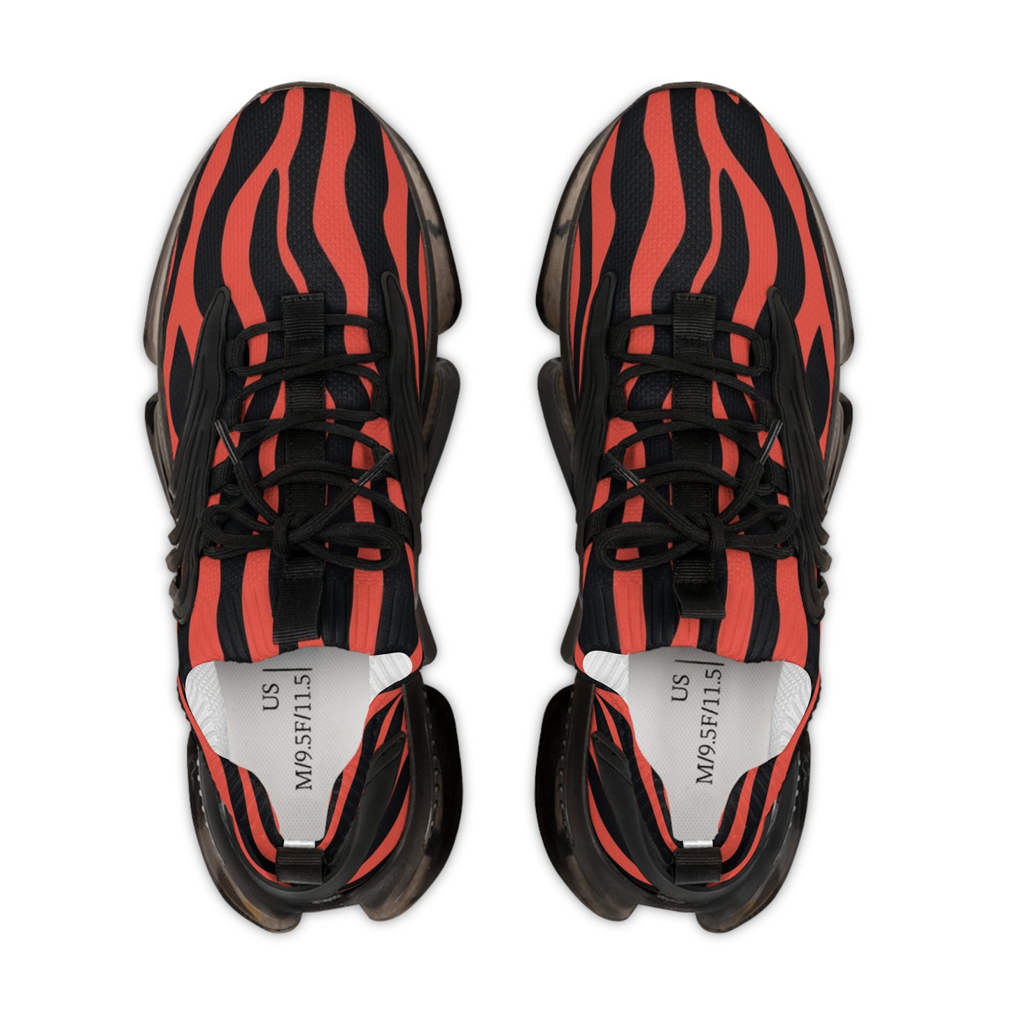 Red and black zebra mesh sneakers viewed from above, with black lace-up straps