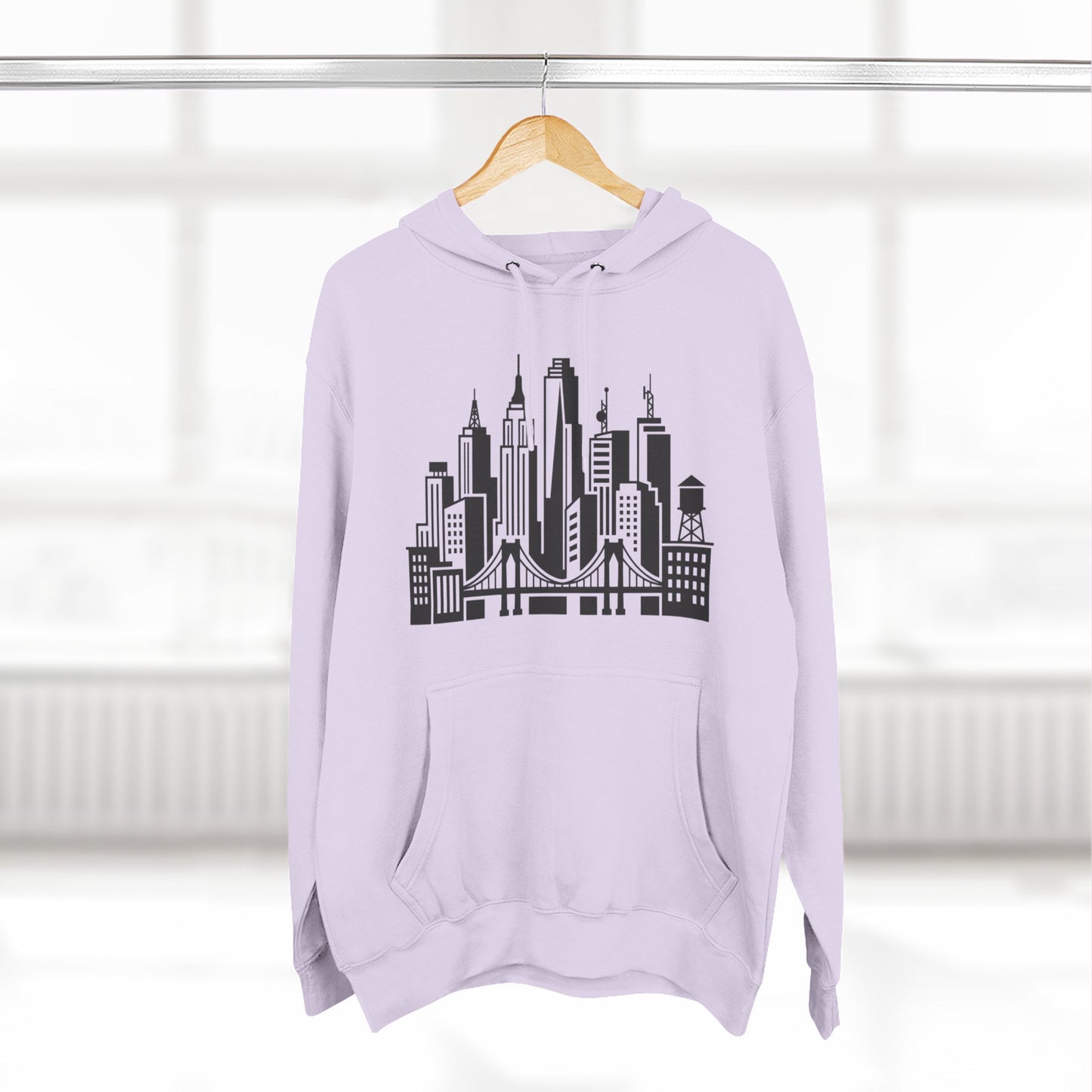 Lilac pullover hoodie with black skyline bridge graphic and front kangaroo pocket