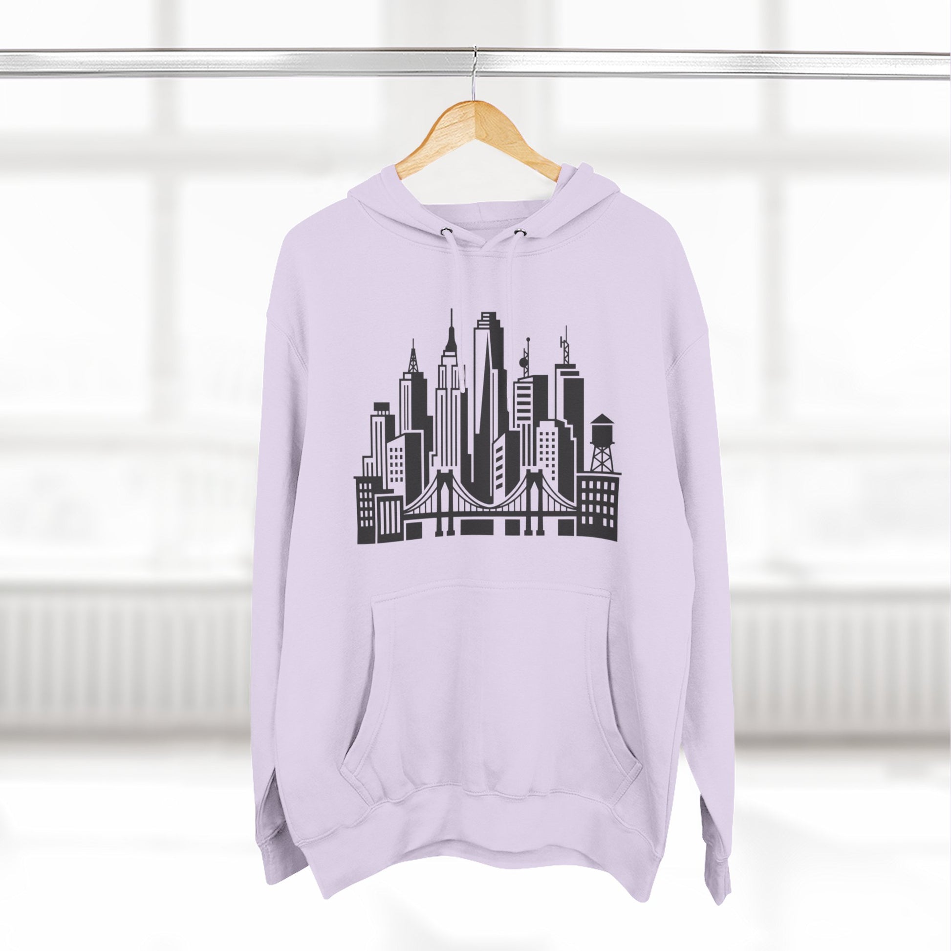 Lilac pullover hoodie with black skyline bridge graphic and front kangaroo pocket