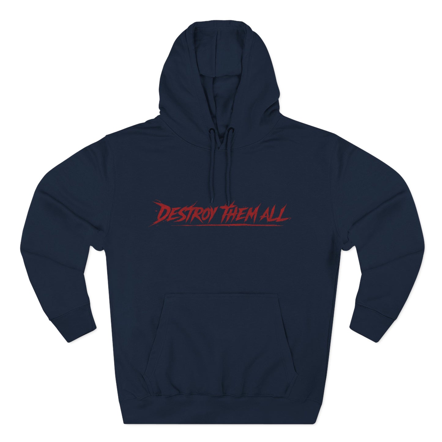 Navy unisex hoodie, back view with red logo and kangaroo pocket