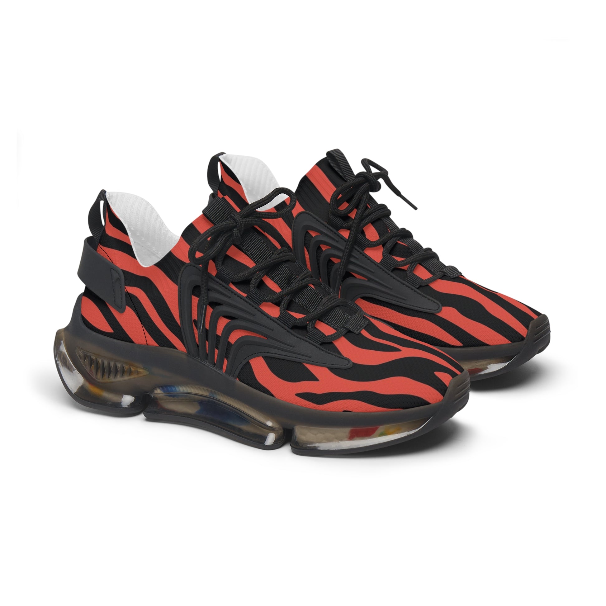 Women's red-and-black zebra print mesh sneakers with black lace-up and clear sole