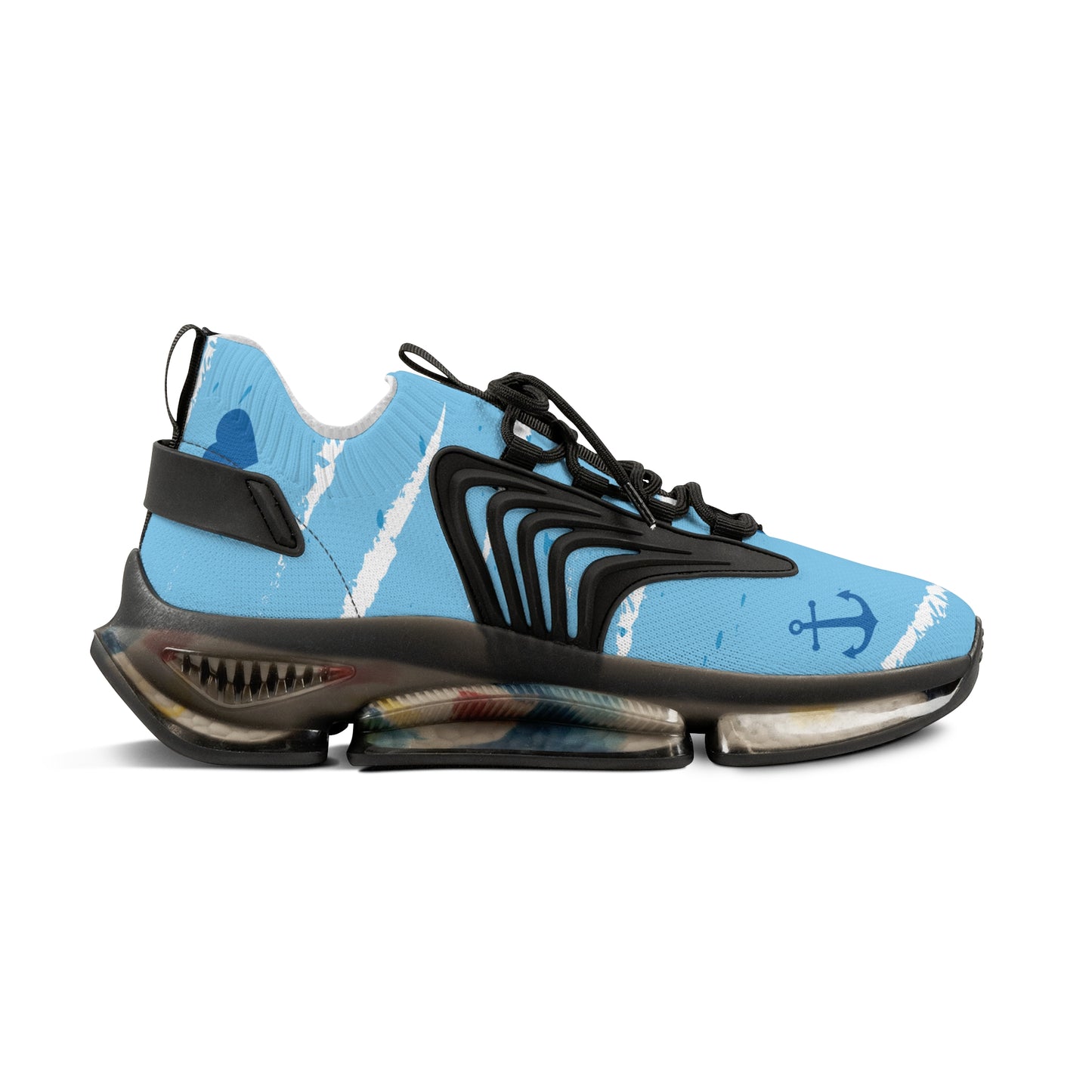Men's light blue mesh sneakers with black laces, nautical anchor graphic, black sole