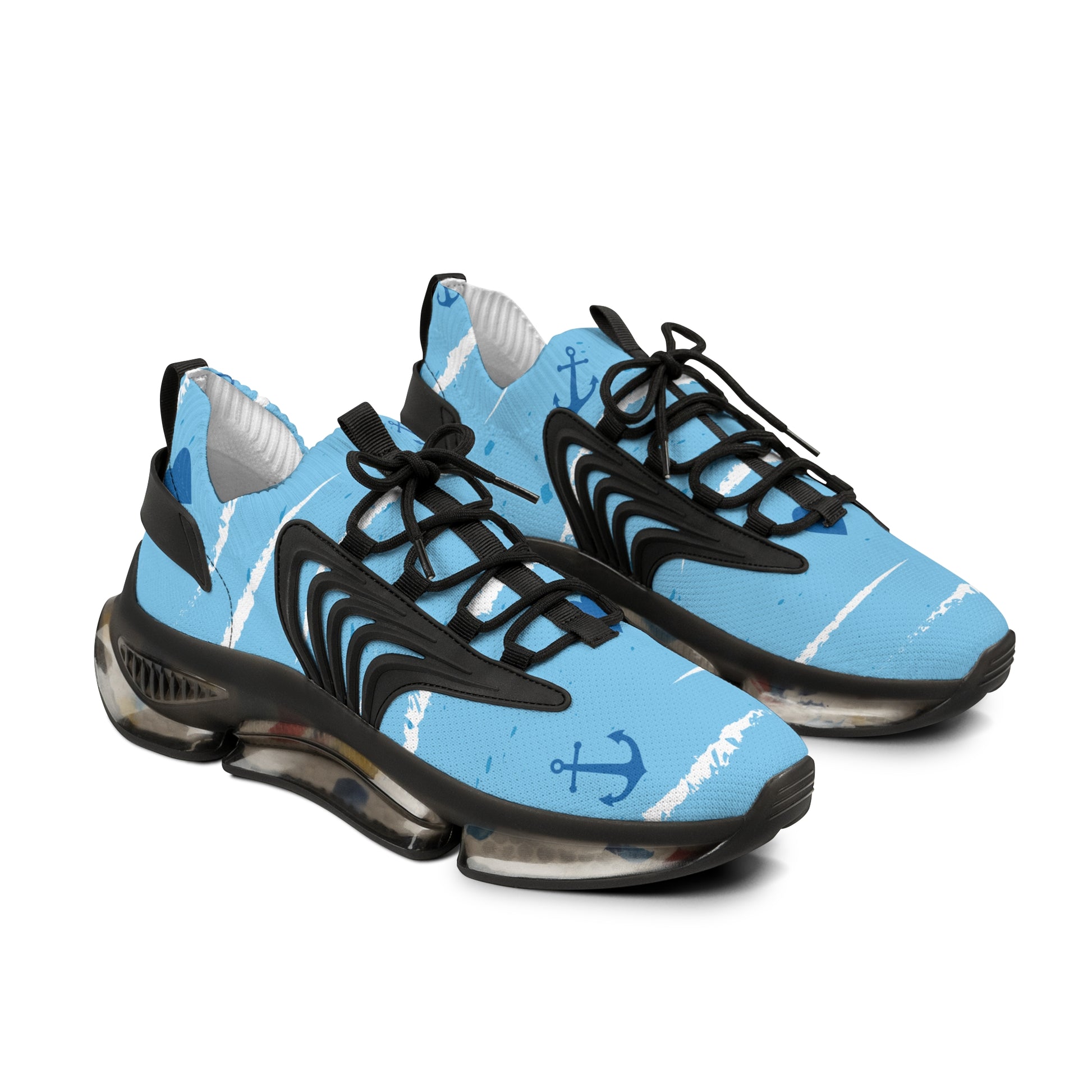 Men's light blue mesh sneakers, black laces, bold black side stripes, black sole