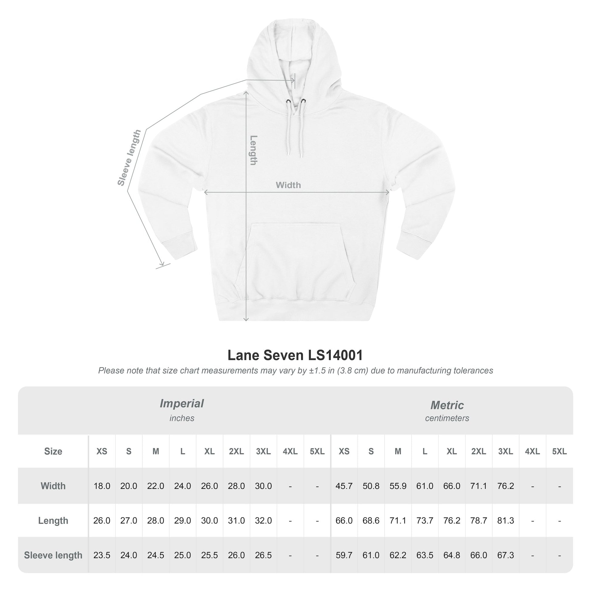 White pullover hoodie with drawstring hood; size chart measurements on white background