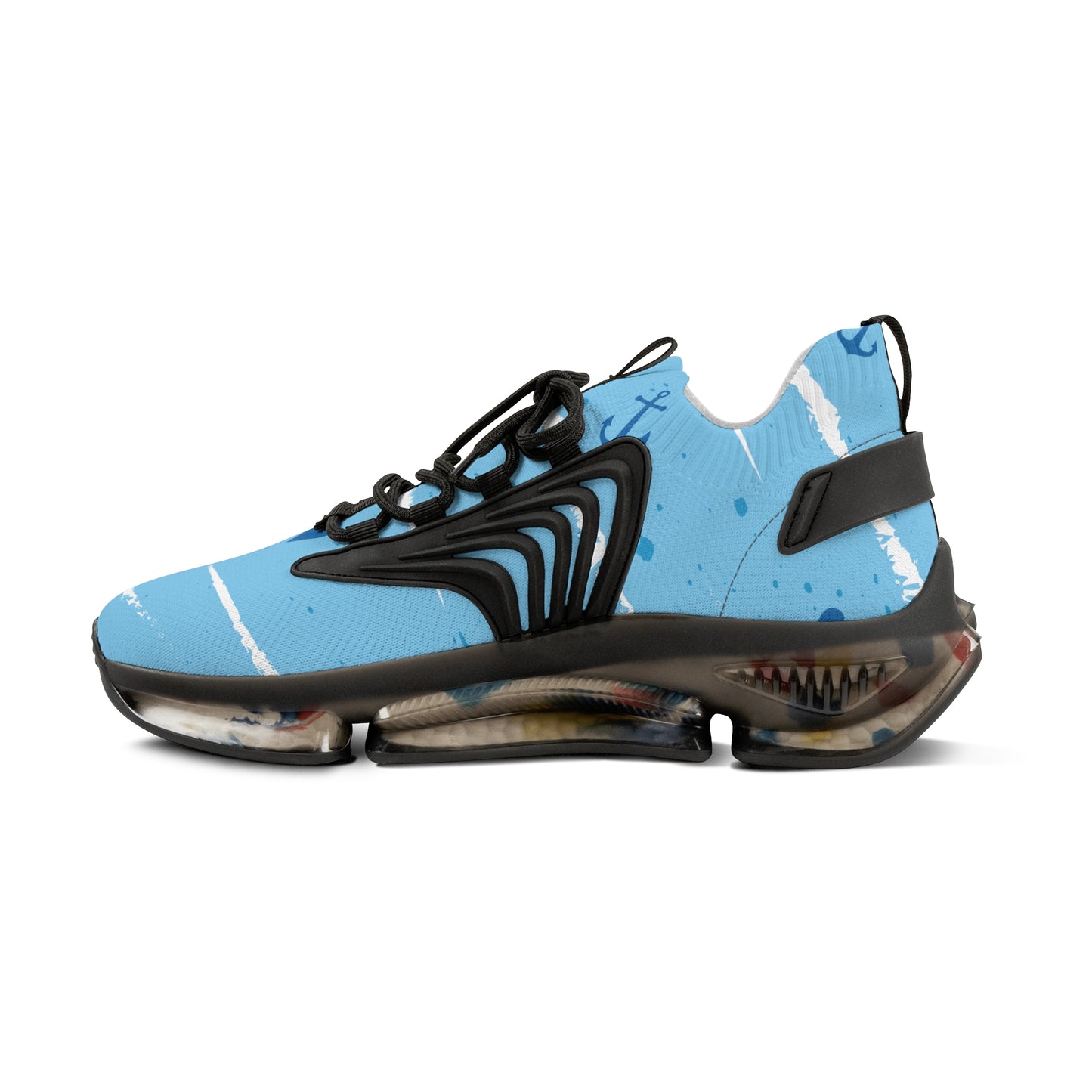 Men's light blue mesh sneakers, black laces, anchor-wave graphic, black sole