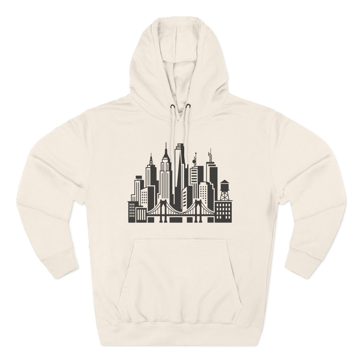 Sandshell unisex pullover hoodie with city skyline and bridge graphic on front