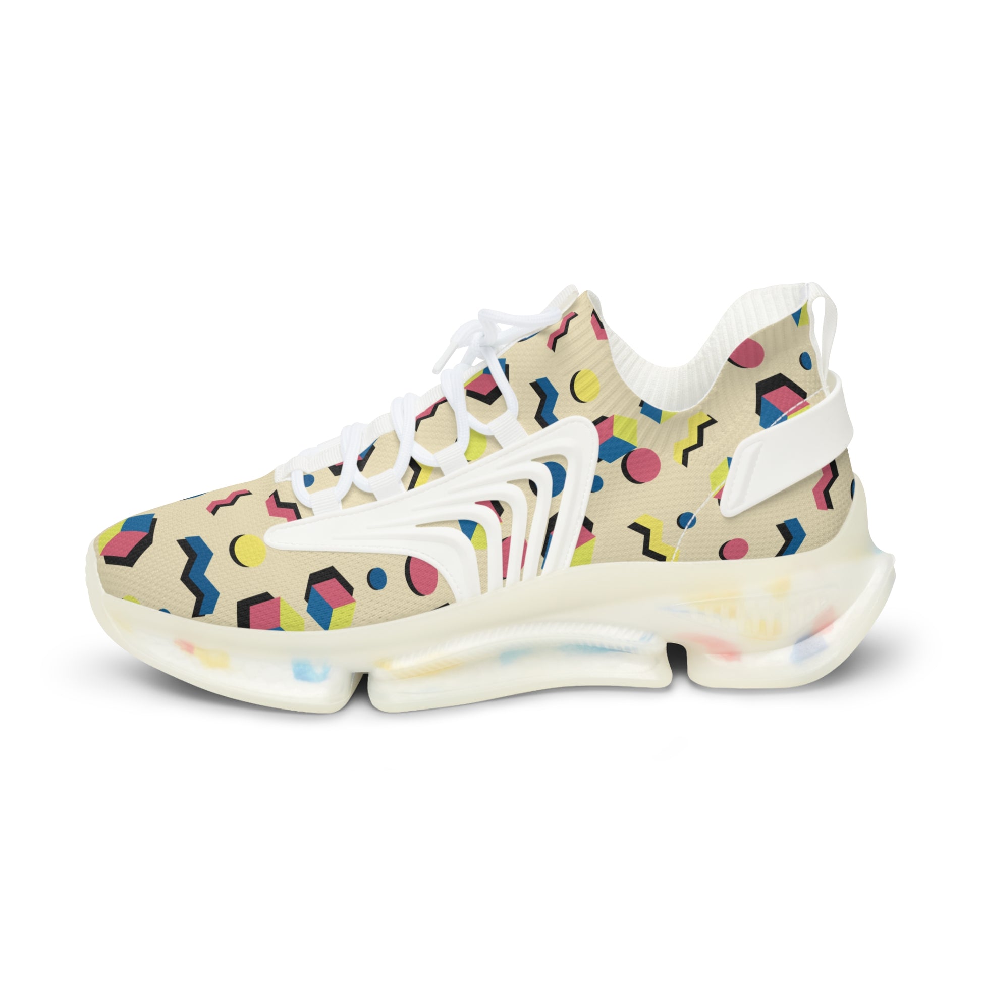 Men's retro geometric mesh sneakers, off-white with multicolor geometric pattern and white laces