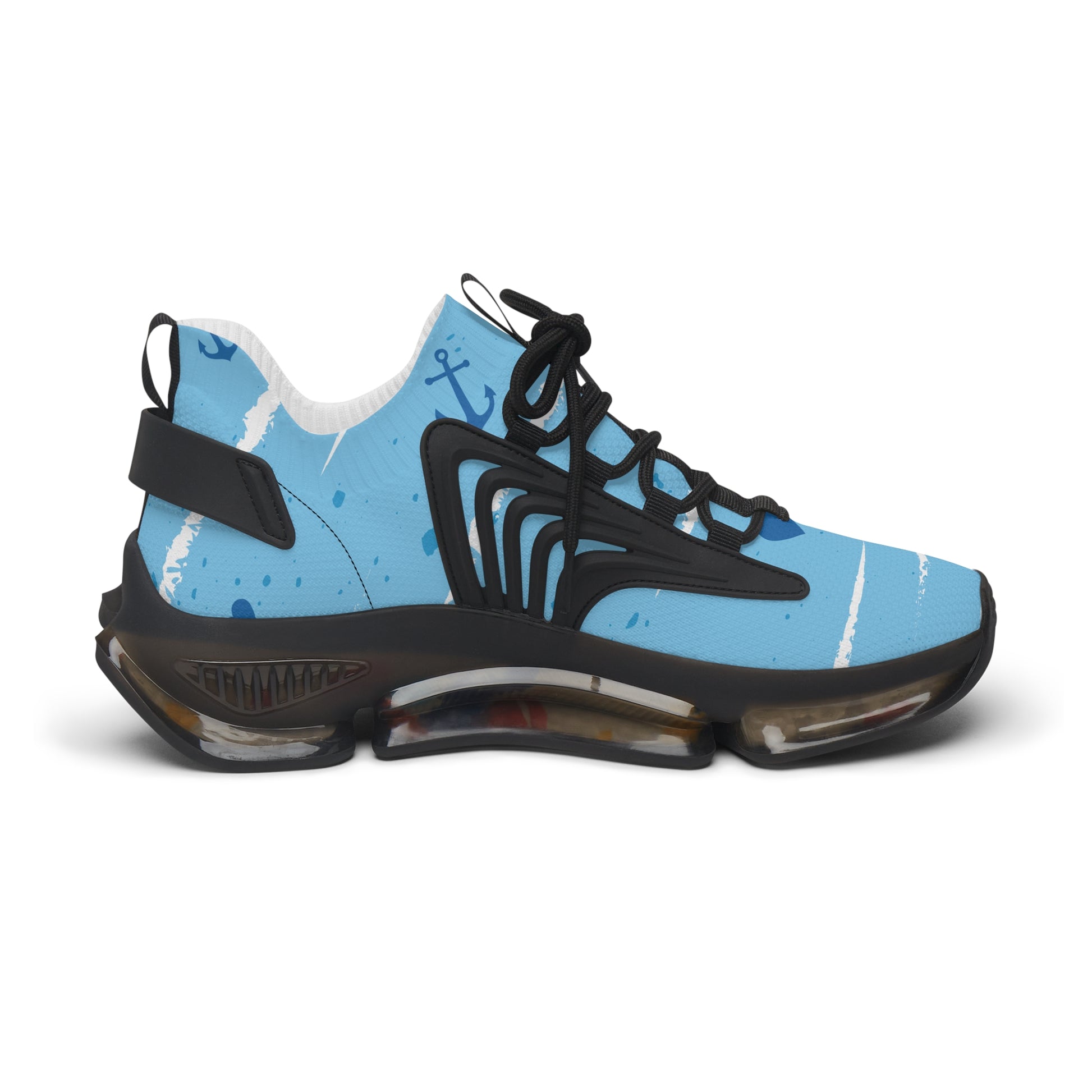 Light blue mesh athletic sneaker with black laces, dark sole, and anchor-style trim