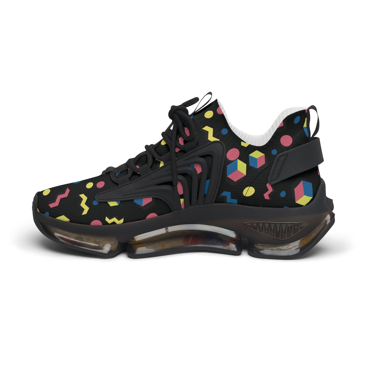 Women's black mesh sneakers with colorful geometric pattern, front-side view