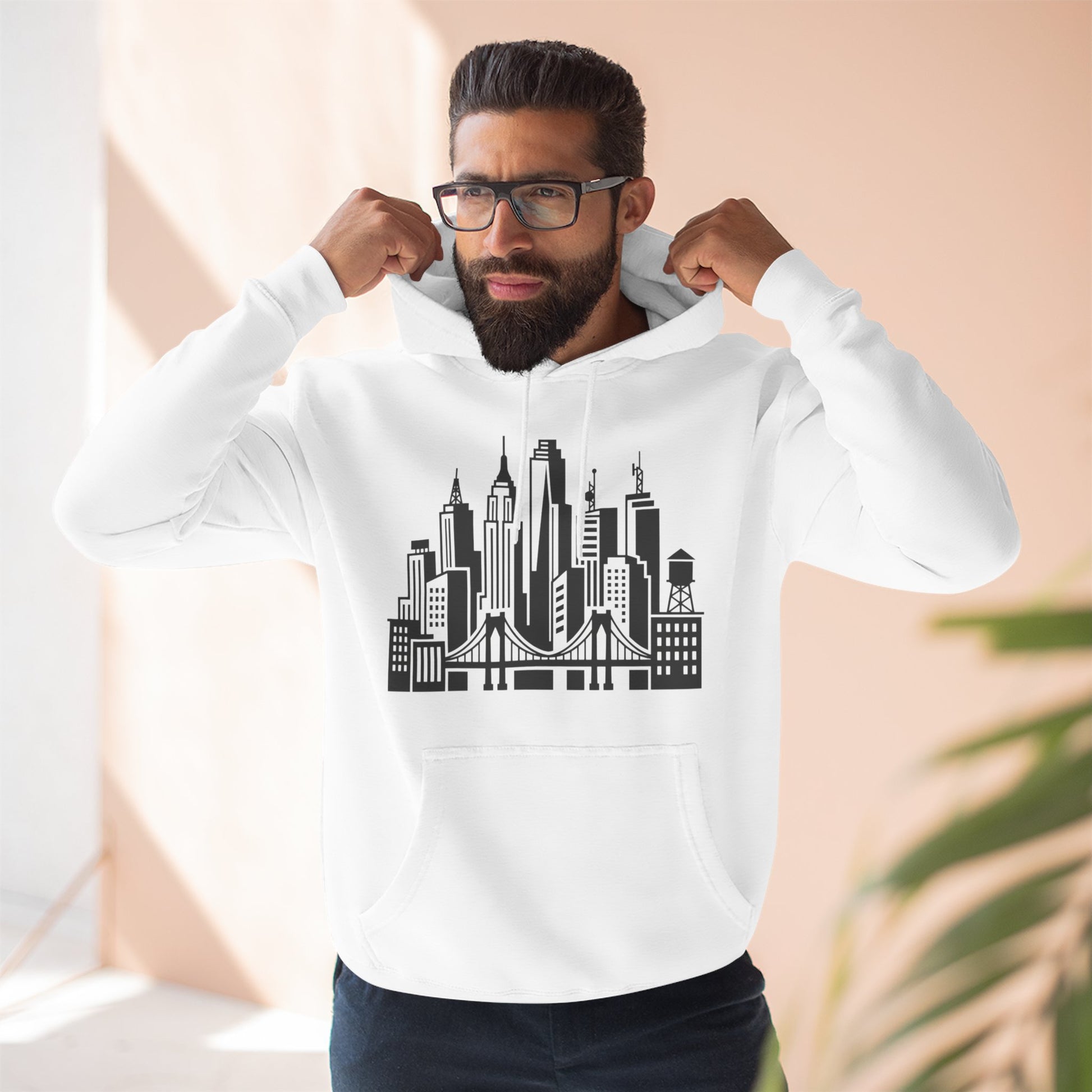 White unisex pullover hoodie with front city skyline and bridge graphic