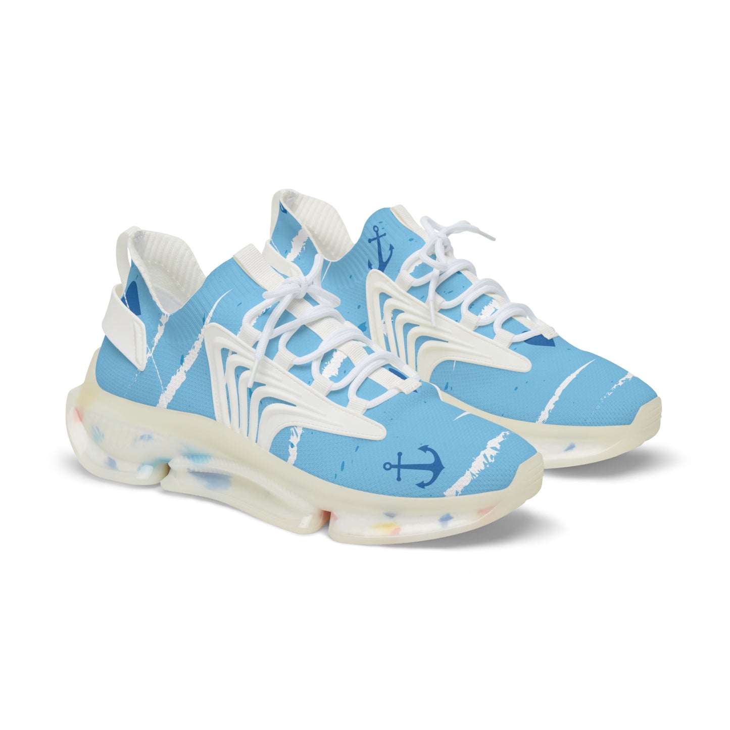 Men's light blue mesh sneakers with white laces, anchor pattern, white cushioned sole