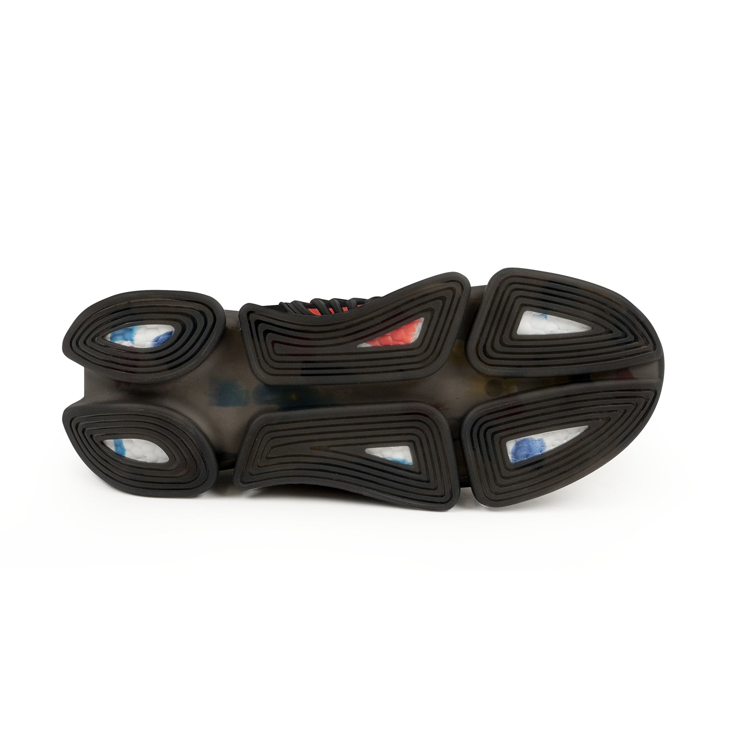 Outsoles of black sneakers with thick tread and blue-tinted traction details