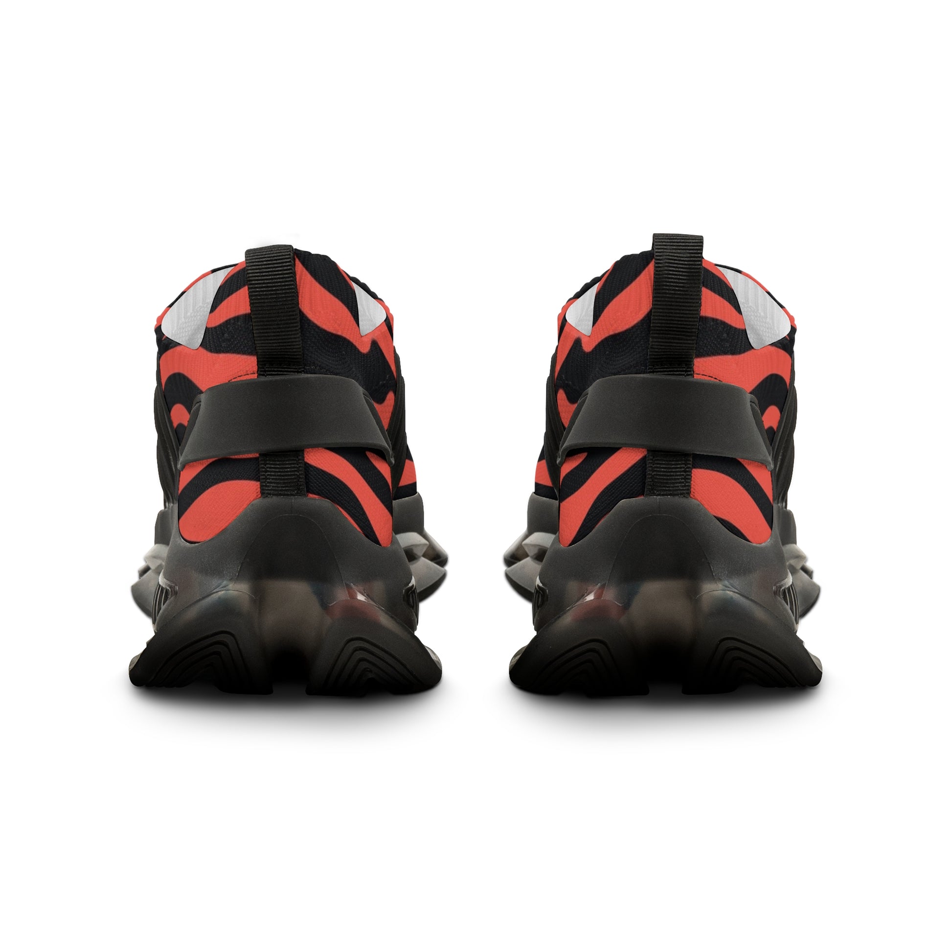 Red and black zebra sneakers from behind, showing heel tab and thick rubber sole