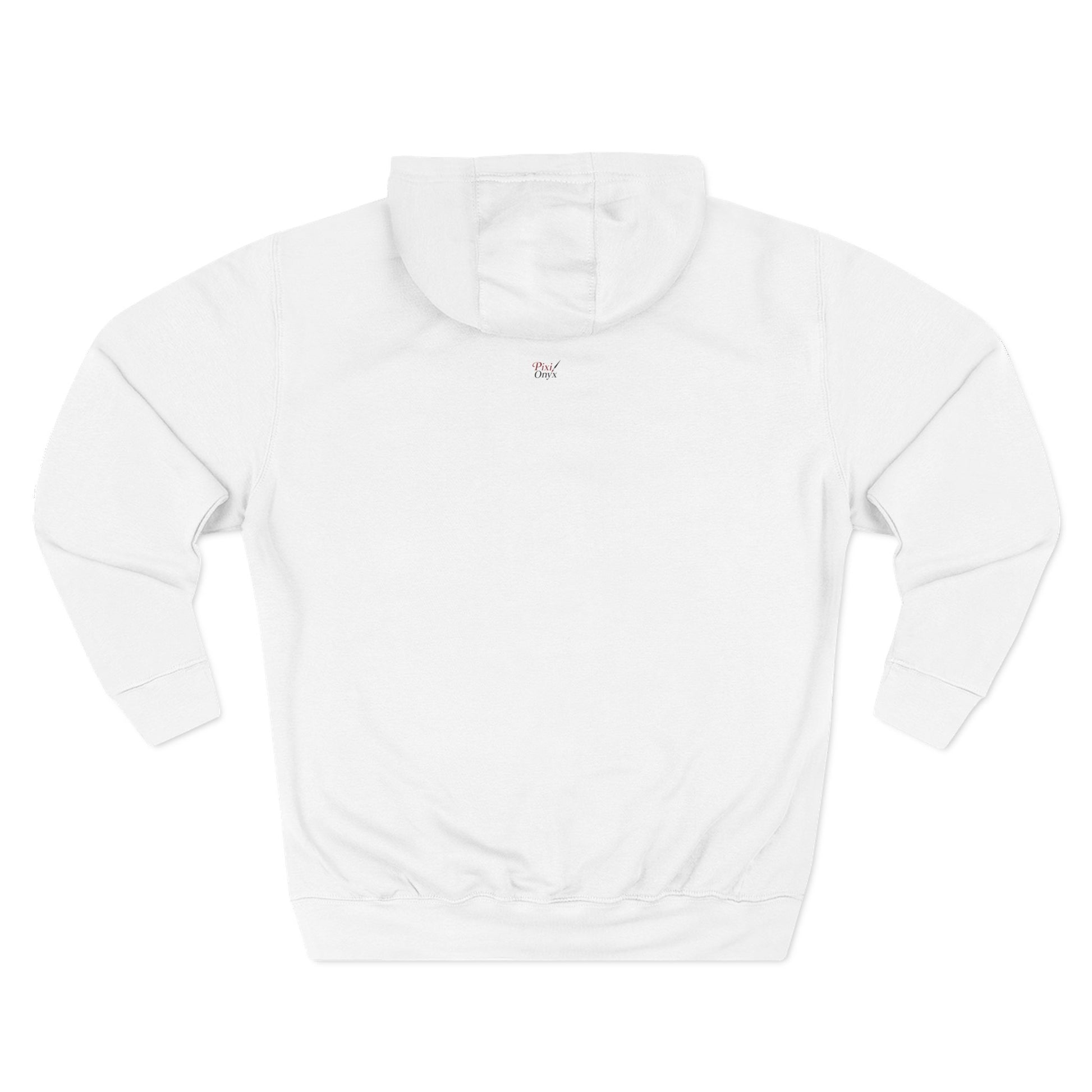 White unisex pullover hoodie with small red logo on upper back