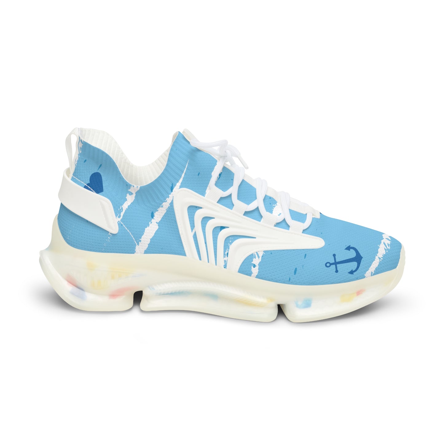 Light blue mesh sneakers with white laces, anchor print, and chunky underfoot sole.