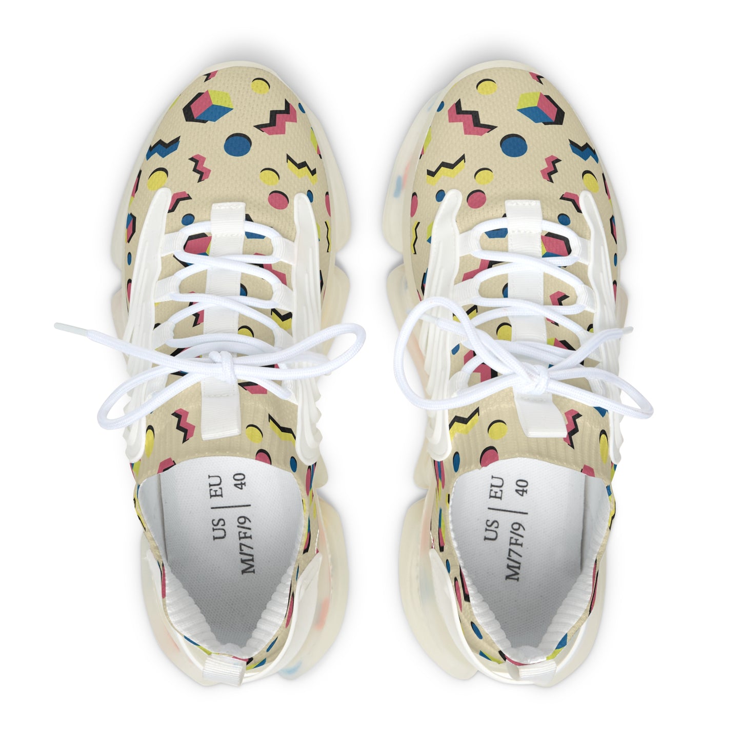 White mesh sneakers with multicolor geometric print and white laces, front view